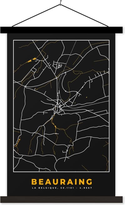 Posterhanger incl. Poster 40x60 cm - Schoolplaat - Gold - Stadskaart - Beauraing - Plattegrond - Kaart - Textielposter - Zwarte latten - Stadskaart