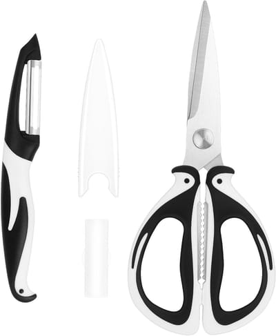 Duurzame multifunctionele keukenschaar met roestvrijstalen bladen en zachte handgrepen, ideaal voor snijden, knippen en fruitbewerking, zwart/wit