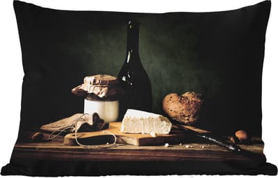 Buitenkussens - Rustiek - Brie - Stilleven - Fles - Brood - 60x40 cm - Weerbestendig