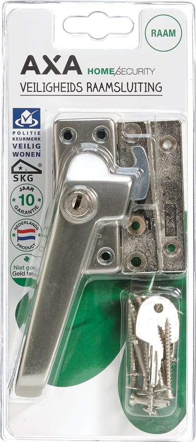 AXA Veiligheids Raamsluiting (model 3319) Aluminium Satin Inox geslepen: Afsluitbaar met cilinderslot, links naar buiten draaiend. SKG*