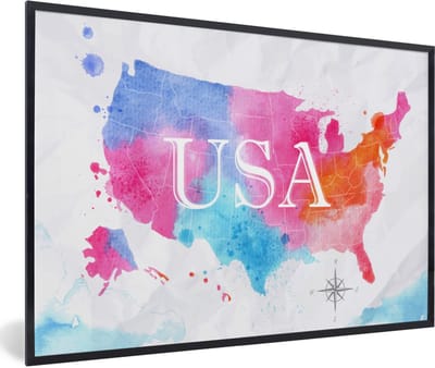 Poster in lijst - Fotolijst 90x60 cm - Posters - Amerika - Wereldkaart - Waterverf - Posterlijst zwart - Decoratie - Wanddecoratie woonkamer - Muurdecoratie slaapkamer