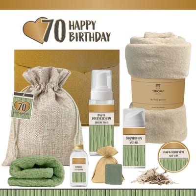 Geschenkset “70 Happy Birthday” - 8 producten - 1140 gram - Triomf Cosmetica | Luxe wellness Cadeaubox voor haar Giftset Verjaardag Zeventig jaar Cadeau Pakket Gefeliciteerd Verjaardagscadeau Vrouw Gift Set Party Seventy Years Hartje Goud Groen Beige