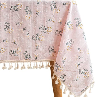 House of Husk Geweven Tafelkleed - Tafellaken - Tafel Decoratie - Uitwasbaar - Creme Groen Gebloemd- 140x240cm - Roze