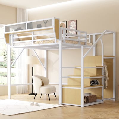 Komhtom Hoogslaper 140x200 met veiligheidsladder en flexibel opbergvak, metalen bed voor volwassenen, stapelbed voor kinderen, wit