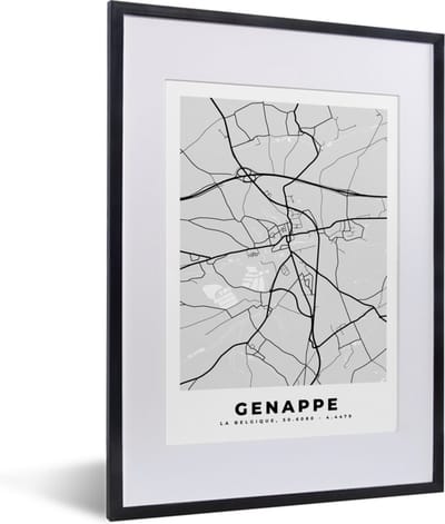Fotolijst incl. Poster Zwart Wit- Stadskaart – Plattegrond – België – Zwart Wit – Genappe – Kaart - 30x40 cm - Posterlijst