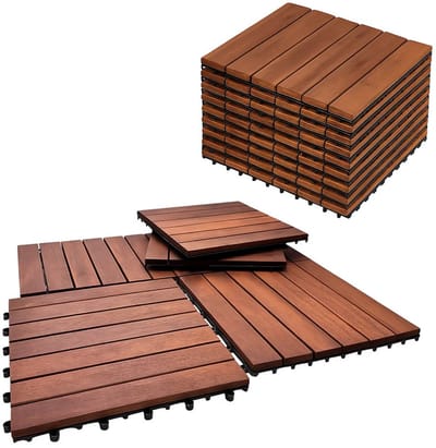Lomera Acacia Houten Terrastegels - Set Van 9 - 0.81M2 - Balkon, Tuin, Terras - Vlondertegels - Snelle Montage - Kliktegels - Natuurlijke Uitstraling - Warme Uitstraling - Kunststof Randen - Waterafvoer - Gladde Bovenzijde