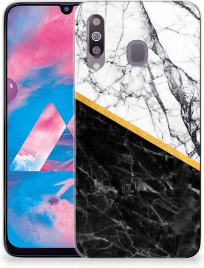 Samsung Galaxy M30 TPU Siliconen Hoesje Marmer Wit Zwart - Origineel Cadeau Man