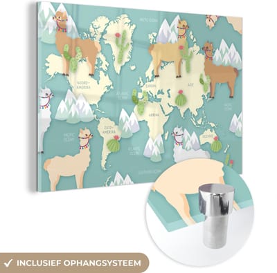 ® Glasschilderij 150x100 cm - Schilderij acrylglas - Wereldkaart - Alpaca - Bergen - Foto op glas - Muurdecoratie woonkamer - Wanddecoratie slaapkamer - Schilderijen