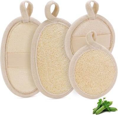 Daity Deze set bevat 4 exfoliërende sponzen - 2 exfoliërende loofah-sponzen voor onder de douche en 2 exfoliërende loofah-sponzen voor het gezicht. Ze zijn gemaakt van natuurlijke loofah en badstof en zijn geschikt voor baden en gezichtsreiniging.