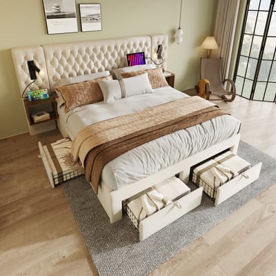 DESMIU Gestoffeerd Bed 160x200 cm – Dubbel Bed Met Leeslampen En Laadfunctie – 4 Laden En 2 Nachtkastjes – Voor Slaapkamer – Fluweel – Beige – Zonder Matras