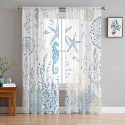 Marine Koraal Zeepaardje Kauri Raam Tule Gordijnen voor Woonkamer Slaapkamer Hotel Luxe Decoratie Transparante Gordijnen 135W x 114H(cm) white