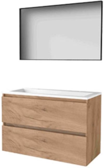 Basic-Line Framed 46 Badkamermeubelset - 100 x 46 cm - Greeploos - 2 Lades - Acryl Wastafel - 2 Kraangaten - Spiegel met Zwart Aluminium Frame - Whisky Oak