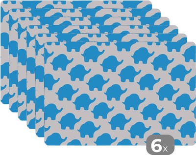 Placemat - Placemats kunststof - Blauw - Olifant - Design - 45x30 cm - 6 stuks - Hittebestendig - Anti-Slip - Onderlegger - Afneembaar