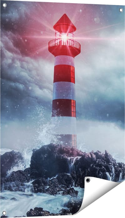 Gards Tuinposter Vuurtoren tijdens een Storm - 60x90 cm - Tuindoek - Tuindecoratie - Wanddecoratie buiten - Tuinschilderij