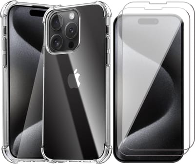 Hoesje geschikt voor iPhone 15 Pro - 2x Screen Protector GlassGuard - Back Cover Case ShockGuard Transparant & Screenprotector