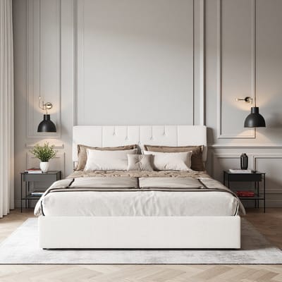 Hydraulisch bed 140×190 cm in crème – teddystof, USB-poorten aan beide zijden, grote bedbox onder het ligvlak – ideaal voor de slaapkamer