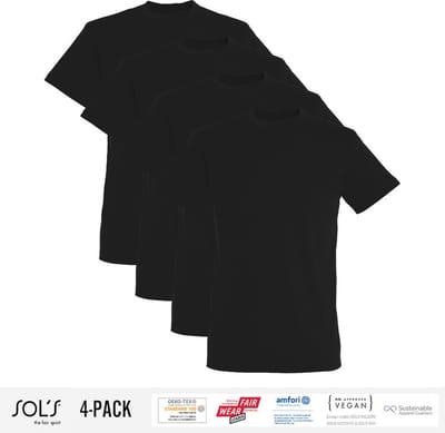 4 Pack Sol's Heren T-Shirt 100% biologisch katoen Ronde hals zwart Maat S