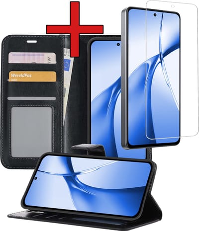 Hoesje - Met Screenprotector - Geschikt voor OnePlus Nord CE4 - Luxe Pasjeshouder - Flipcase - Bookcase Portemonee - Flip Case - Kunstleer Book Case - Book Cover - Walletcase - Portemonneehoes - Telefoonhoes - Zwart