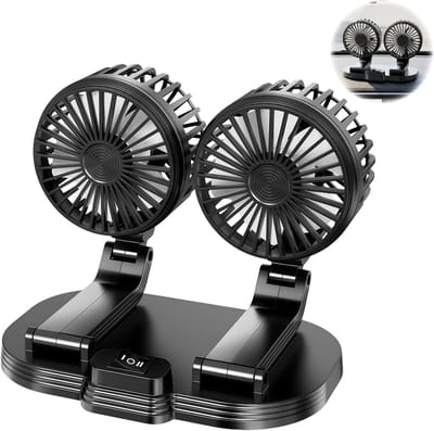 Autoventilator USB Dubbele Ventilatorkop – 360° Draaibaar – 2 Snelheden – Voor Auto, Camper en SUV
