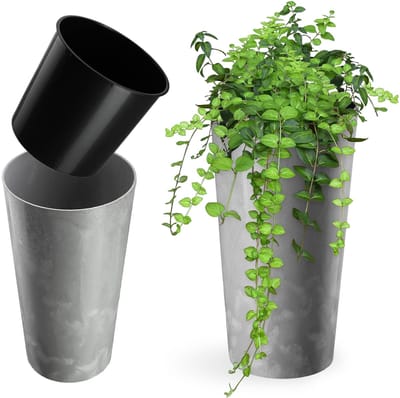 Bloempot met houtspaanders, elegante bloempot met uitneembare inzet, bloempotbescherming voor kantoor, bloembak, pot, tuinschaal (betongrijs, diameter 14 cm)