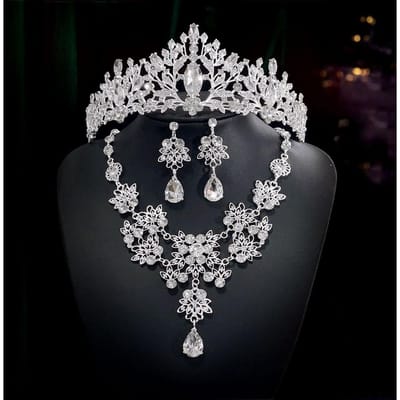 Driedelig Bruidshoofddeksel Set Retro Legering Strass Grote Kroon Veelzijdige Performance Jurk Hoofddeksel Set black
