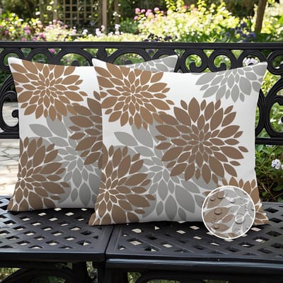 40 x 40 cm, 2 stuks, bruin en grijs, bloemenpatroon, dahlia's, lente/zomer, waterdicht, modern, decoratief, voor bank, terras, tuin, woonkamer
