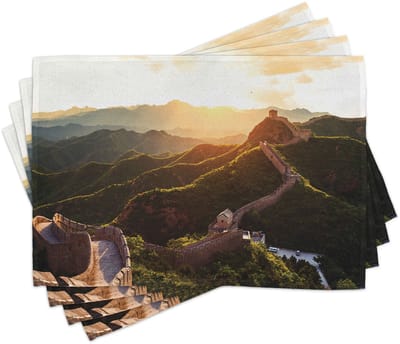 ABAKUHAUS Chinese Muur placemats, historische structuur bij zonsondergang met een wazige afdruk, tafeldecoratie van kleurvast stof voor eetkamer en keuken, geel-groen