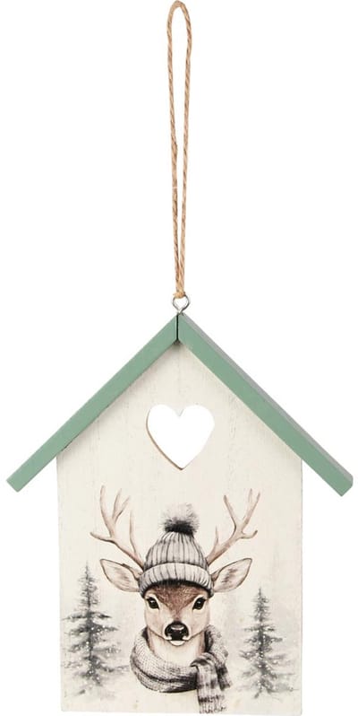 Dekoratief | Hanger huisje 'Winter Deer', hout, 13x15x2cm | A255476