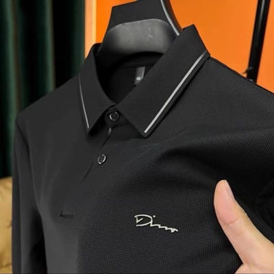 T-shirt à manches longues sans couture gaufré pour homme, polo décontracté à revers pour le printemps et l'automne, vêtement pour papa d'âge moyen XXXXL black