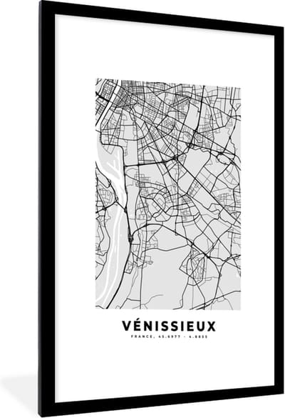 Fotolijst incl. Poster - Vénissieux - Plattegrond - Frankrijk - Kaart - Stadskaart - 60x90 cm - Posterlijst