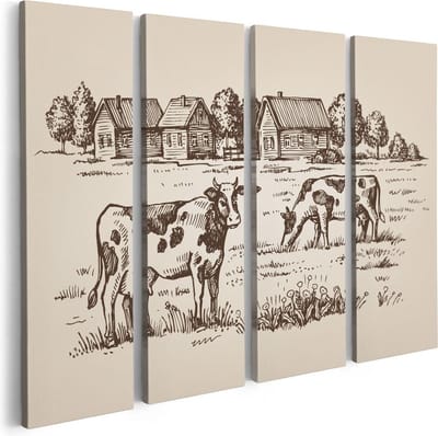 Artaza Canvas Schilderij Vierluik Getekende Koeien Op Een Boerderij - Abstract - 80x60 - Foto Op Canvas - Canvas Print