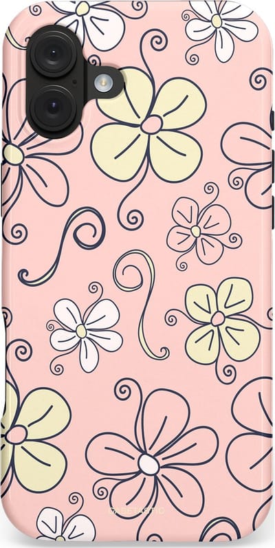 Casetastic hoesje geschikt voor Apple iPhone 16 Plus - MagSafe - Dubbellaagse bescherming - Pastel Perzik Doodle Peach Bloemen - Fashion Case - Zand Zilver Lichtroze