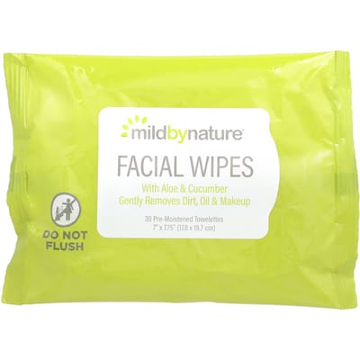 Lingettes pour le visage à l'aloès et au concombre Mild By Nature, naturellement dégradables, 30 lingettes humides yellow