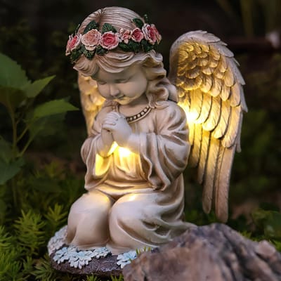 Dailygoods- Tuinfiguren Solar Engel - Tuindecoratie - Grafdecoratie - Weerbestendig - Sprookjes-engel - Sculptuur met automatische verlichting
