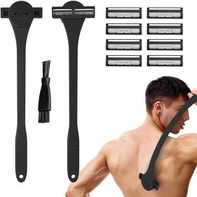 46 cm Rugrasierapparaat en Schrobber voor Mannen - 2-in-1 Pijnloos Grooming Gereedschap met Lange Greep, Ingebouwde Schrobber, Nat/Droog Gebruik - Inclusief Compacte Doos - ZWART