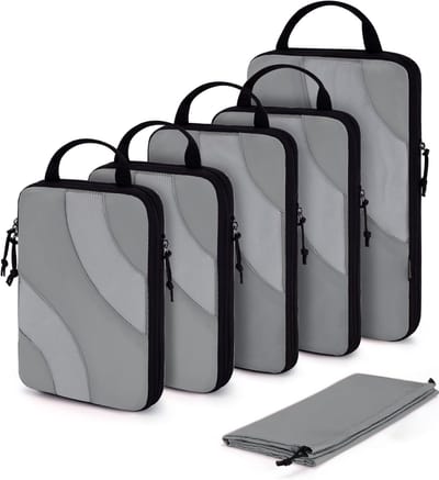 Famanu – Packing Cubes Compression Compressie-kledingtassen, 6-delige Kofferorganizer, Uitbreidbare Kofferorganizer, Pakkubussen, Compressie, Reisorganizer voor Vakantie en Reizen, Grijs