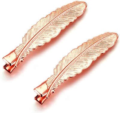 Kleine metalen haarclipjes met rose gold kleurige veer en aligatorclip 55mm
