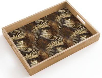 Dienblad hout 40x30 cm - Schootdienblad - Tropisch - Bladeren - Goud - Borrelplank rechthoek - Plateau dienbladen
