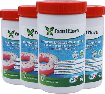 Famiflora - Langwerkend anorganisch chloor 4KG (4 x 1kg) - 10g tabs (400x10g) - niet-gestabiliseerd chloor - Lange & snelle werking - Gelijkmatige chloorafgifte - Efficiënte desinfectie