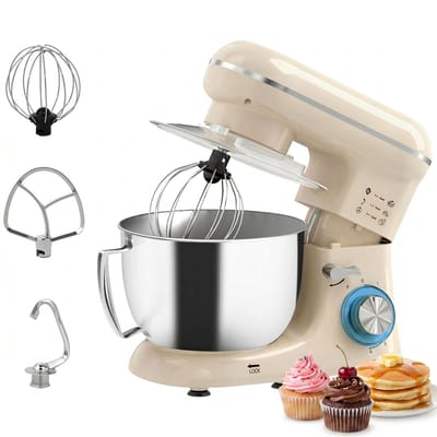 TEKROA® Keukenmachine 1300W - Keukenrobot - 4.5L - Foodprocessor met 6 - standen - Mixer met Mengkom - BPA-vrij - Keukenmixer - 3 Accessoires - Beige