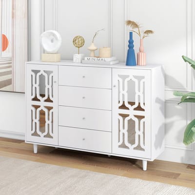 Wishdor Dressoir - Spiegelafwerking - Kristalvormige Glazen Handgrepen - 2 Deuren En 4 Lades - MDF - Wit - 147,5 X 40 X 102 Cm
