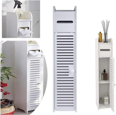 Opbergkast Met Verticaal Design En Opbergrek - Slank 15cm Diep PVC Eenvoudig Te Monteren - 2 Planken En Tissuebox Ruimtebesparend - Voor Badkamer, Slaapkamer, Keuken En Wasruimte - Wit