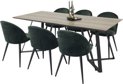 MarinaGRBL eethoek eetkamertafel el hout decor grijs en 6 Velvet eetkamerstal velours groente, zwart.