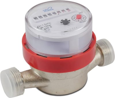 Watermeter messing vernikkeld 3/4" buitendraad 10bar 0,1A 1.5m³/h 24V CE/MID type single jet tot 50 Graden