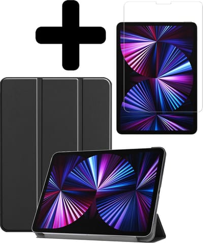 Hoesje - Geschikt voor Apple iPad Pro (2021) - 11 inch - 3e generatie - Met Screenprotector - Hardcover Book Case - Trifold Bookcase Hoes - Hard Cover - Tablethoes - Zwart