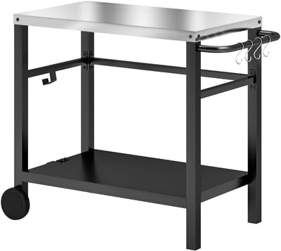 Buitenkeuken op Wielen – BBQ Trolley – Met Opbergkast & Planken – Werktafel voor Buiten – Staal & Metaal – Multifunctioneel – Donkergrijs + Zilver