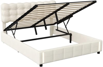 Velmio Bed Met Opbergruimte - Tweepersoonsbed - 140 x 190cm - Met LED-verlichting - Gestoffeerd - Hydraulische Boxspring - Zonder Matras - Beige Fluweel