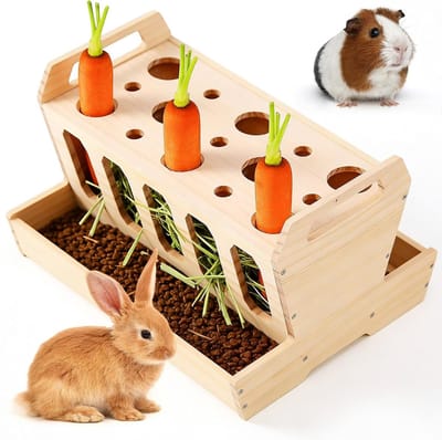 Grote Houten Voederbak voor Konijnen en Cavia's met Wortelhouder, Zelfvullend en Ideaal voor Kleine Dieren (30 x 20 x 18 cm)