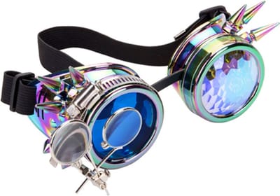 KIMU® Goggles Steampunk Bril Met Spikes En Vergrootglas - Oliekleurig Montuur - Caleidoscoop En Blauw Glas - Regenboog Olie Spacebril Space Caleidoscope Festival