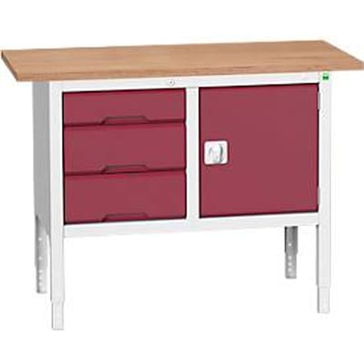 Bott verso box-type werkbank, multiplex blad, 3 laden & 1 deur, B 1250 x D 600 x H 830 - 930 mm, RAL 7035 lichtgrijs / paarsrood